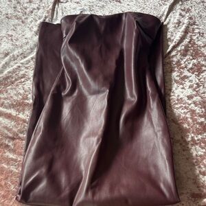 White fox Boutique Strapless Faux Leather Midi Dress in Deep Burgundy
